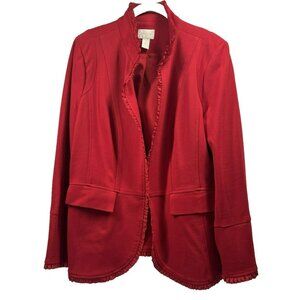 Chico's Blazer Jacket Large Solid Red Ruffle Trim Long Sleeve Stretch Hook Eye‎